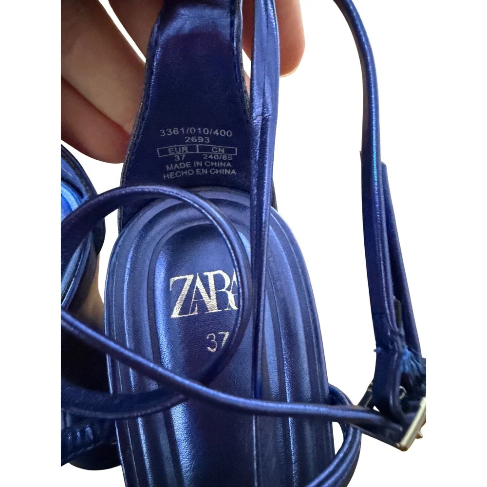 Zara Metallic Blue Strappy Platform Sandals Flared Block Heel Size 37 - Picture 4 of 7